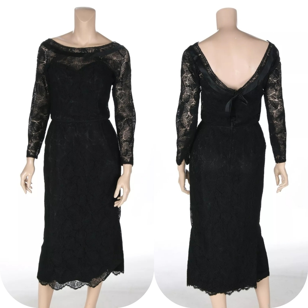 Harvey Berin Vintage 1950s 60s Black Lace Pencil Cocktail Party Dress sz 5/6